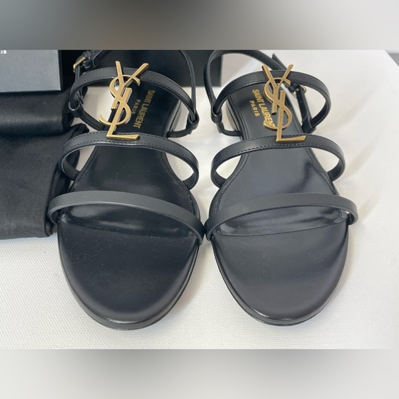 NEW SAINT LAURENT YSL BLACK LEATHER LOGO FLAT CASSANDRA SANDALS BOX 37 - Picture 5 of 11